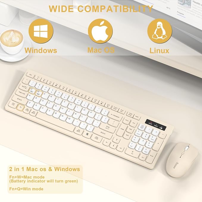 Wireless Keyboard and Mouse Combo Silent for Office and Home(Latte Color-B) | 2.4G Full Size Silent Cordless Keyboard with Tilt Legs,3-Level DPI Quiet Mouse,for Windows/Mac OS/Desktop/Laptop/PC - Image 6
