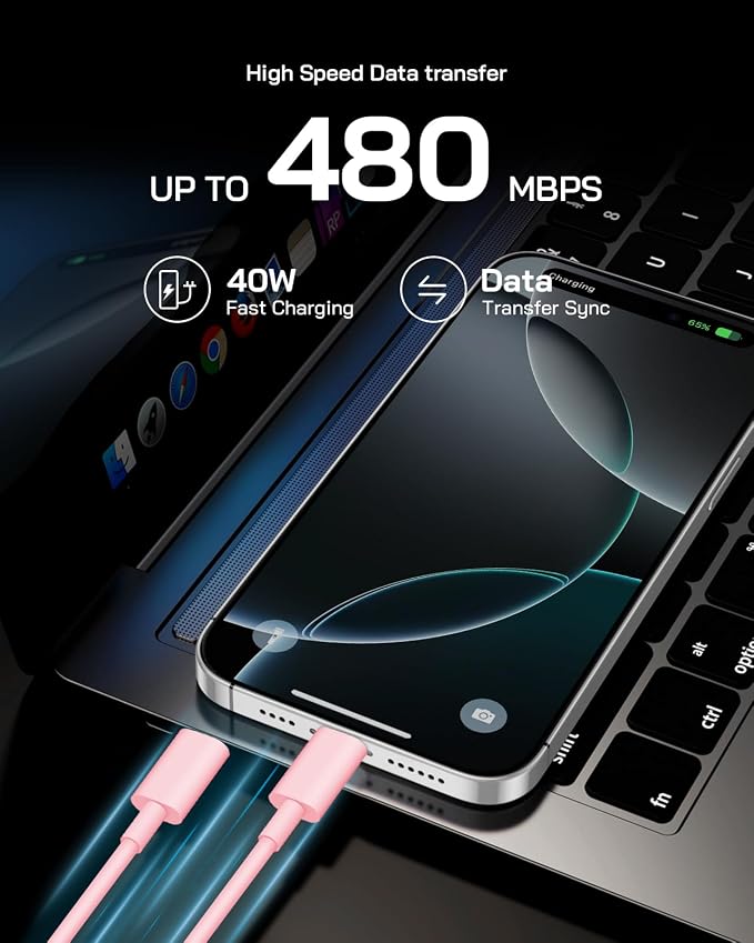 GUUSMART 40W iPhone 17/16/15 Charger Fast Charging 3 Pack Type C Chargers | USB C Charger Block for iPhone 17/16/15 Pro Max,17/16/15 Plus, iPad Pro with Long 6 FT iPhone Charger USB C Cable-Light Pink - Image 5