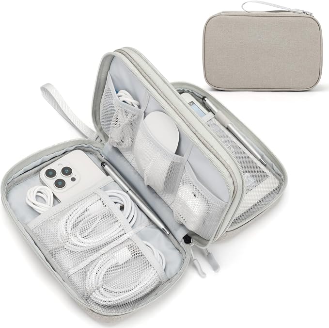 FYY Electronic Organizer, Travel Tech Pouch Bag, Large, Khaki | Wrist Strap, Waterproof, Double Layers Portable Electronics Travel Carrying Case for Cord, Charger, Daily Business Trips Use by FYY