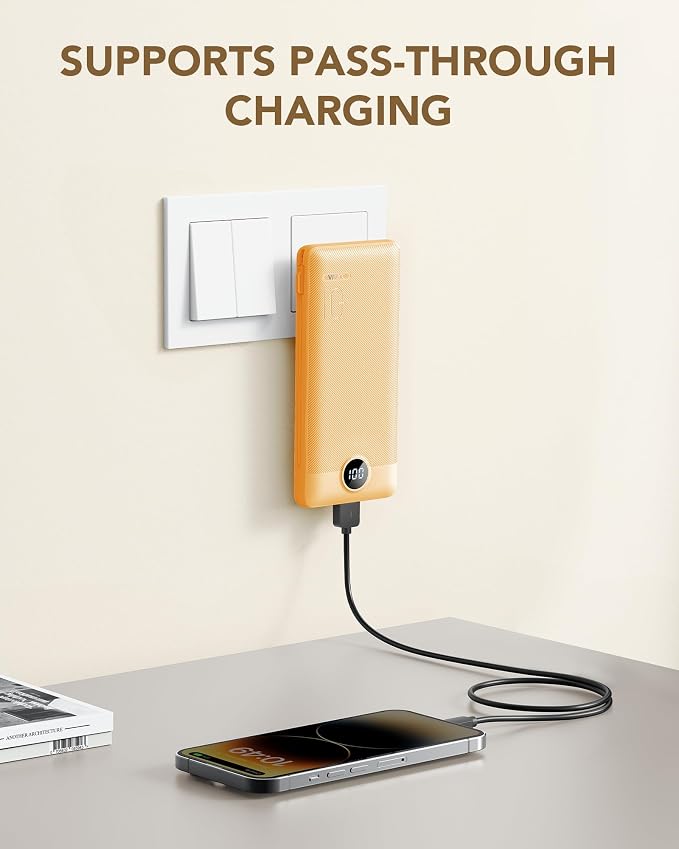 VRURC Portable Charger, Power Bank Built-in Cables and AC Wall Plug | USB C Power Bank 10000mAh Travel Essentials Phone Charger Compact External Battery Pack For Smart Phones, Tablets etc-Orange - Image 2