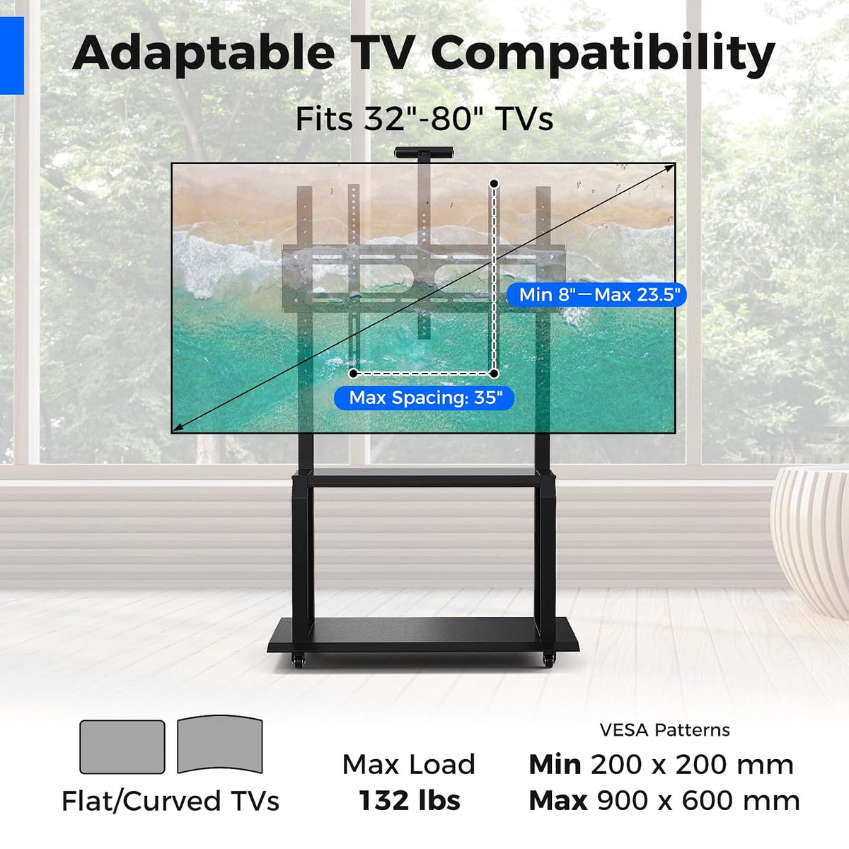 Goplus Mobile TV Stand, Rolling TV Cart with Camera Shelf & AV Shelves, Adjustable Media Console Cart for 32”-80” Flat/Curved TVs up to 132 lbs, Max VESA 900 X 600 mm, TV Mounting Screws Included - Image 2