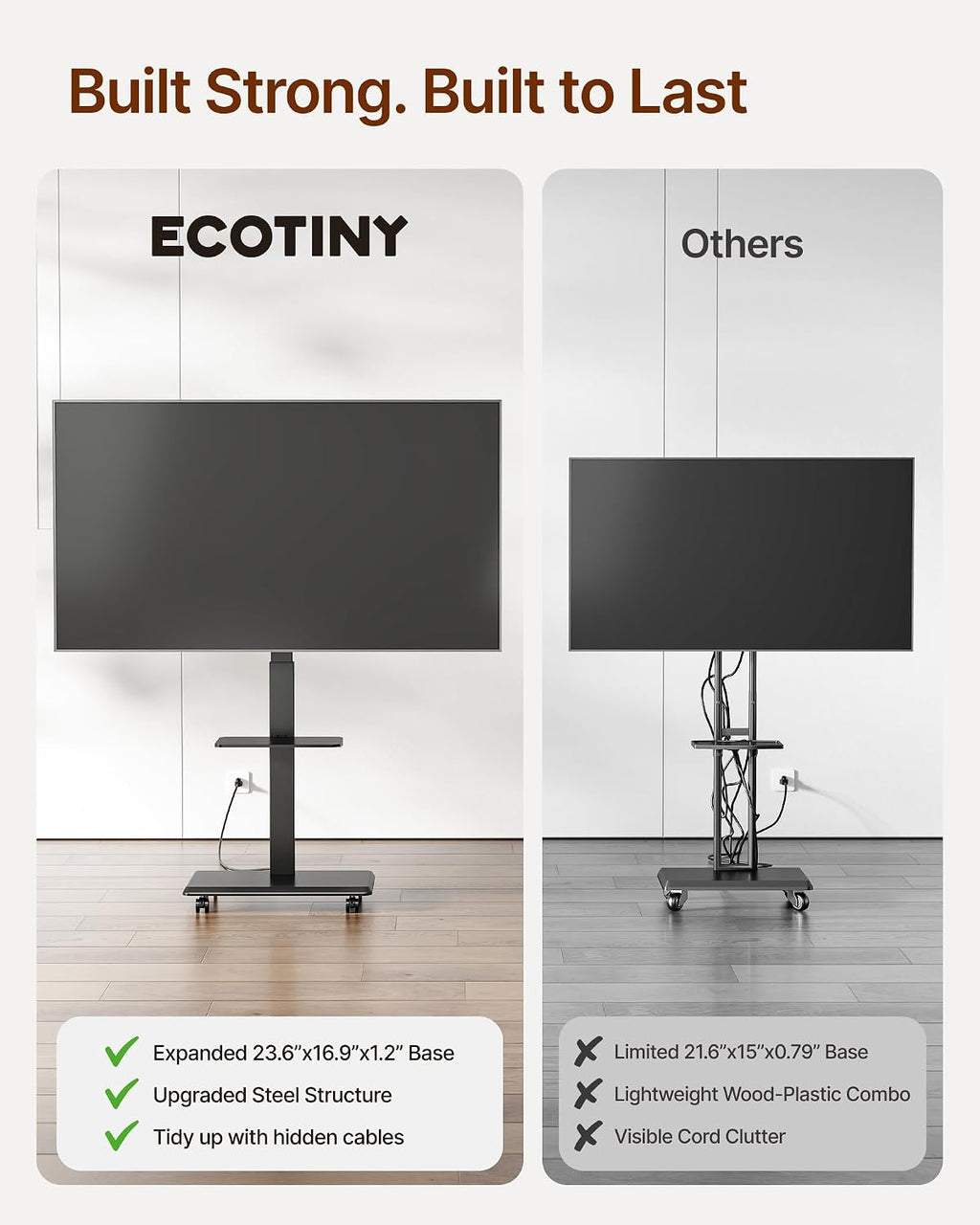 Steel Base Rolling TV Stand with Power Outlet for 32-75 inch TVs,BL - Image 4