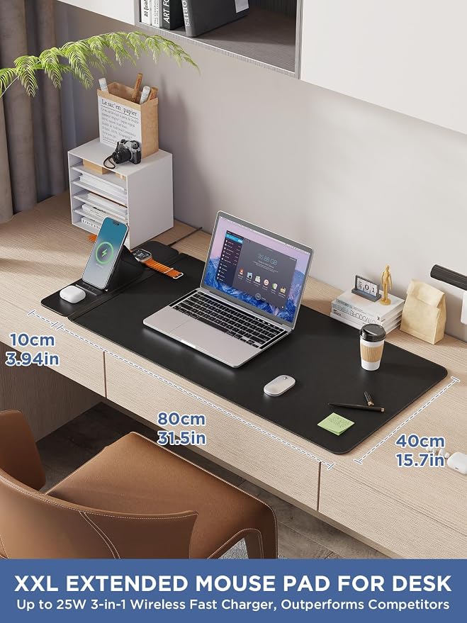 25W Wireless Fast Charging Mouse Pad with Foldable Phone Holder, 2nd Gen 3-in-1 Wireless Charging Desk Mat 35.4" x 15.7" Large Waterproof Desk Pad for Office, Gaming & Home - Image 2