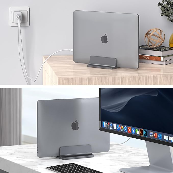 YICOSUN Aluminum Vertical Laptop Stand for Desk - Adjustable Width Dock for MacBook, Surface, Samsung, HP, Dell up to 17.3 inches - Space-Saving & Protective Design - Gray - Image 5