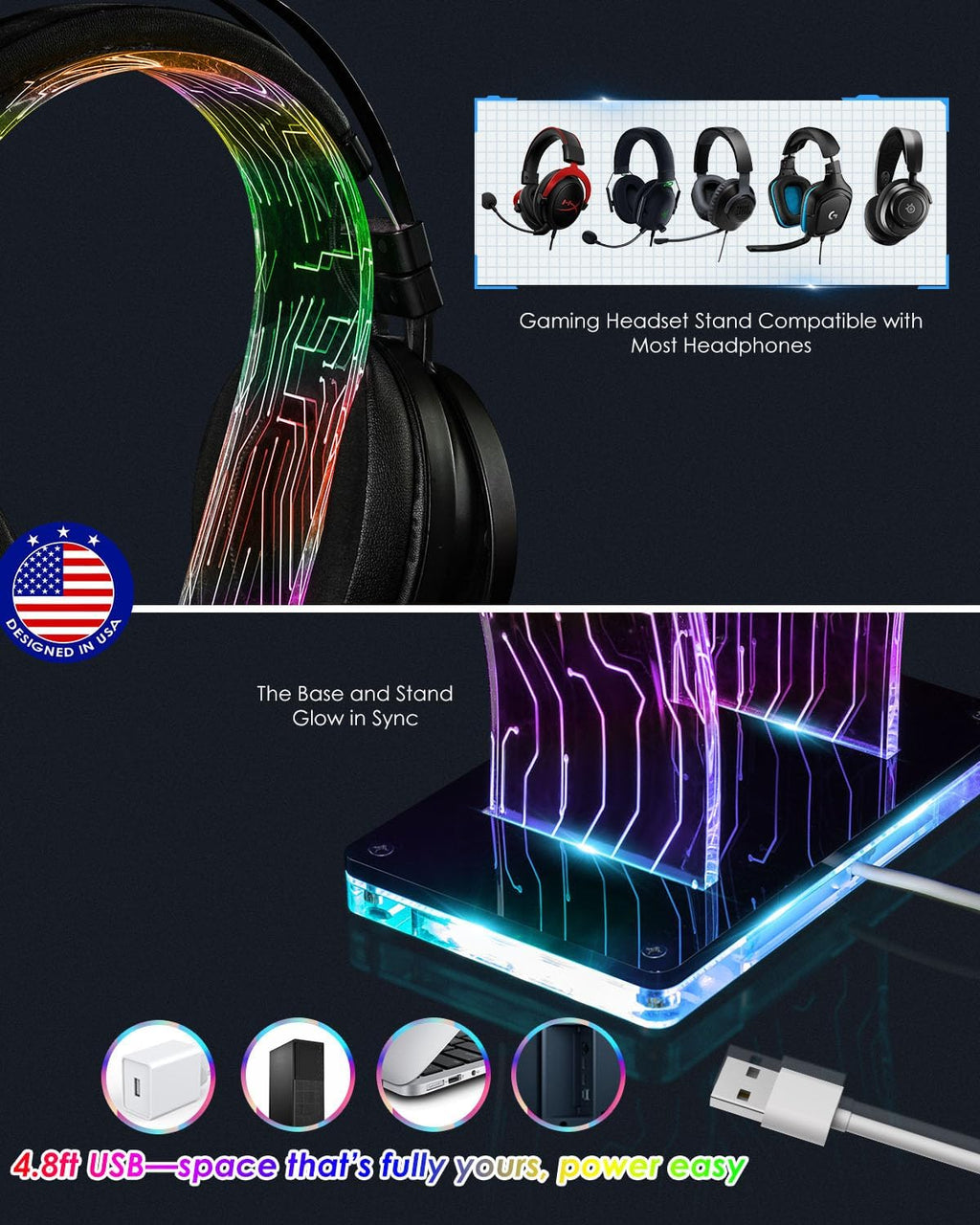 Acrylic RGB Headphone Stand for Desk with Many Light Modes & Colors - Image 5