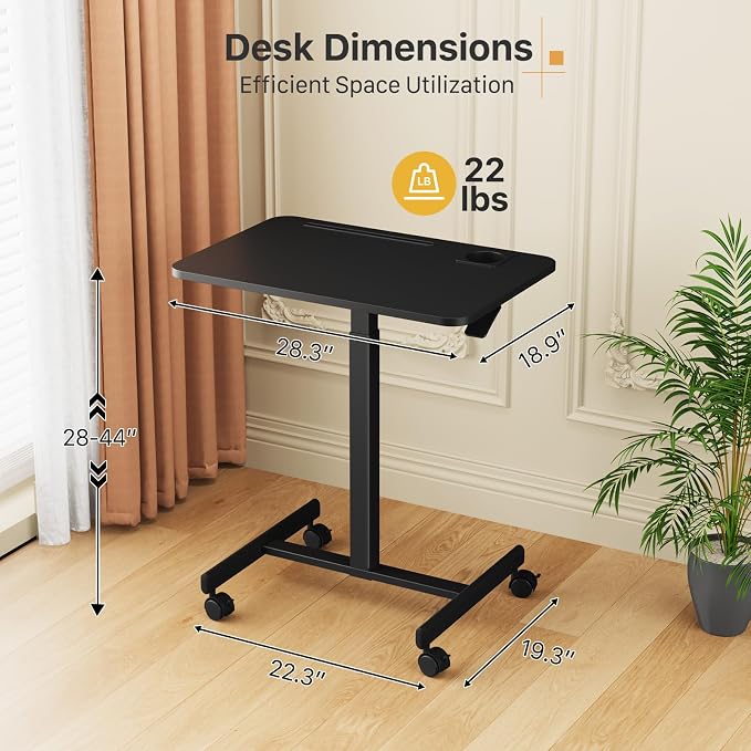 28 inch Mobile Laptop Desk, Portable Sit Stand Cart with Wheels | Small Standing Desk with Cup Holder, Rolling Computer Workstation Height Adjustable with Hook on 4 Lockable Casters, Black - Image 6