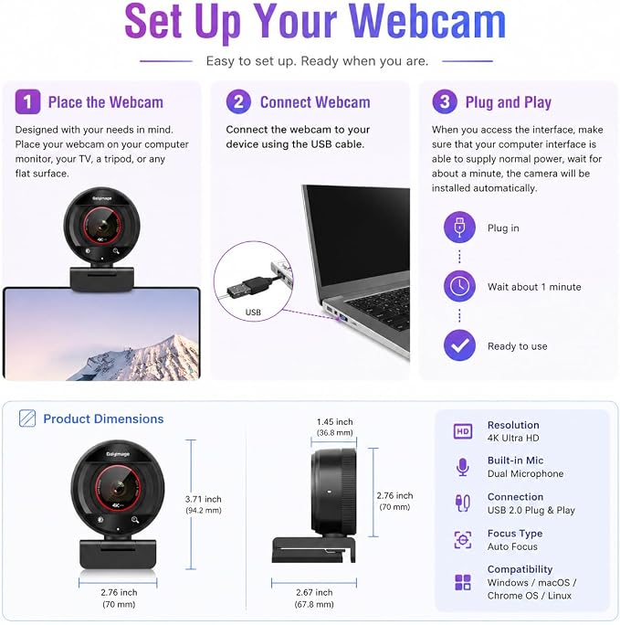 4K Webcam for PC Computer PDAF Autofocus with Built-in Microphone Windows | 1080P@60fps, Privacy Cover, Dual Noise Cancel Mics, 8X Digital Zoom, 78° FOV, Compatible Zoom Teams Twitch Google Meet - Image 8