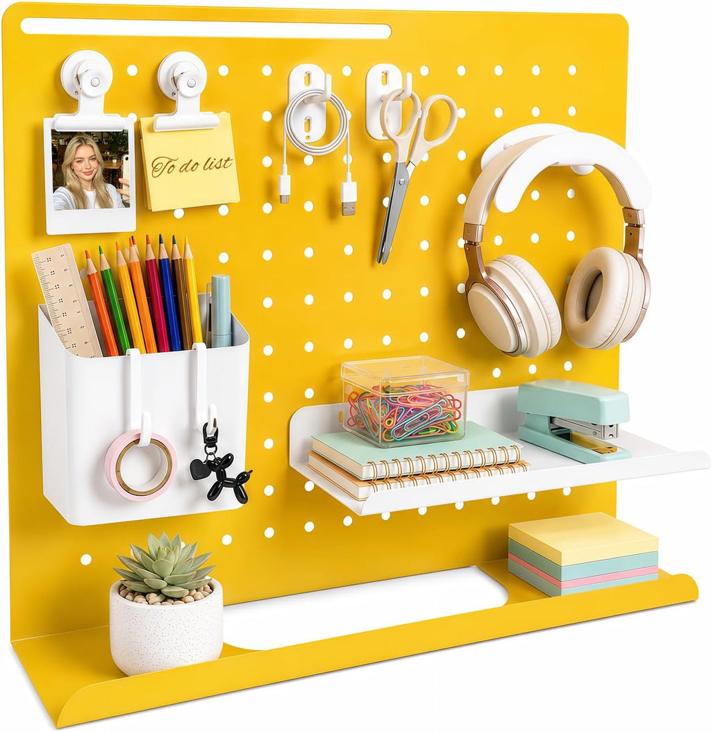 Metal Desk Pegboard Organizer, No Drill Modular Storage Kit 10 Accessories 15.8x11.8in White Yellow for Office Vanity by HOHOLEU