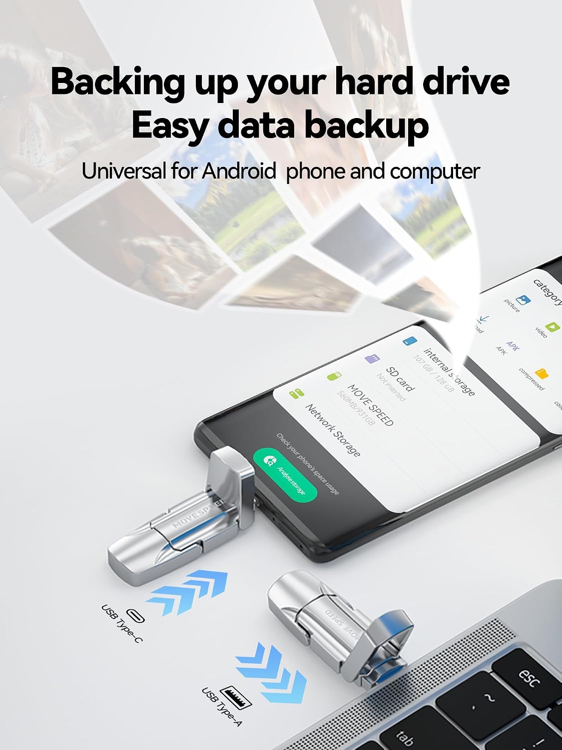 MOVE SPEED 256GB Solid State Flash Drive 400MB/s High Speed Type C + USB 3.2 Drive Dual Port, Thumb Drive Compatible with iPhone 15, 16 Series/Android Phone/MacBook/Audio/Smart TV(1 Pack) - Image 4
