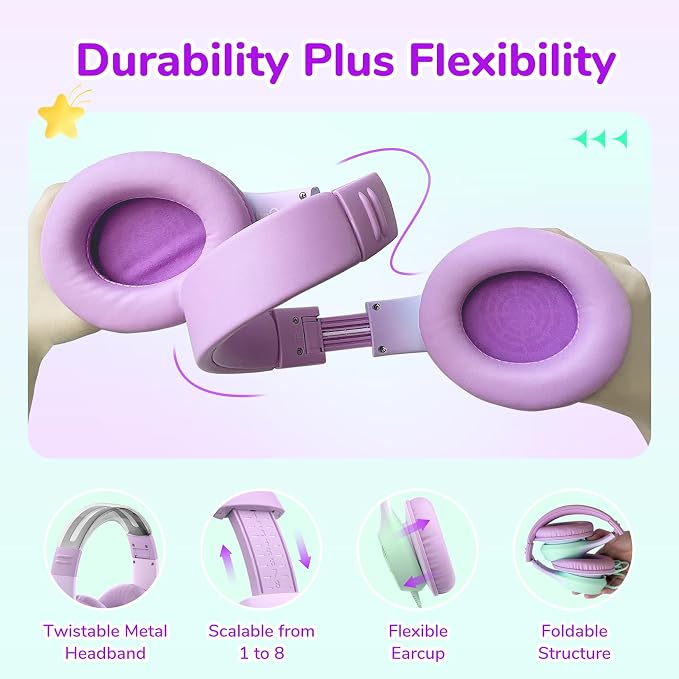 EarFun K3 Kids Headphones, Wired Kids Headphones with Mic for School/Travel | Built-in Mic, 85/94dB Volume Limit, HD Stereo Sound, 3.5mm Jack, Foldable Wired Headphones for Boys/Girls/Tablet/iPad, Purple - Image 7