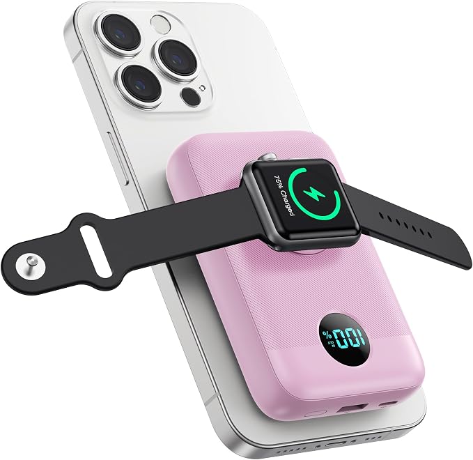 Magnetic Portable Charger 10800mAh,4-in-1 Wireless Power Bank with iWatch Charger, QC4.0+20W PD Fast Charging USB C Battery Pack with LCD Display for Magsafe,iPhone 16/15/14/13/12,Apple Watch, Pink by Pxwaxpy