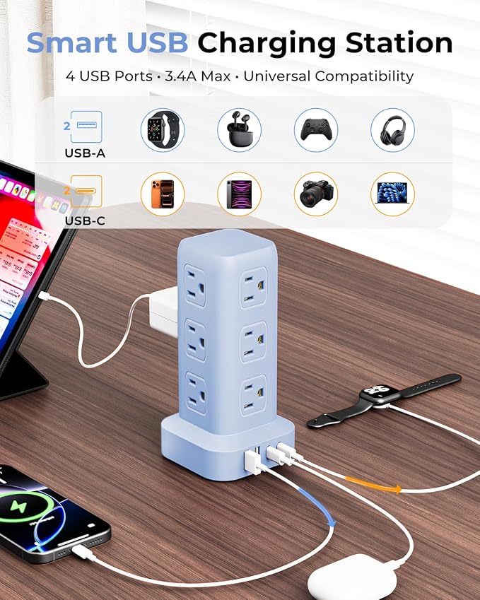Power Strip with 12 Outlets 4 USB (1 USB C), 6.5Feet Extension Cord with Multiple Outlets, Charging Station, Blue Power Strip Tower, Home Office Desk Supplies - Image 3