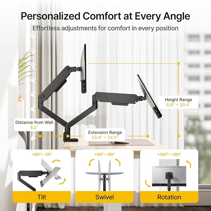 monTEK Dual Monitor Mount Monitor Arms for 17 to 35 Inch Screen | Adjustable Heavy Duty Monitor Desk Mount for 2 Monitors, Holds 35 Lbs, with Cable Management, VESA 75/100mm - Image 3