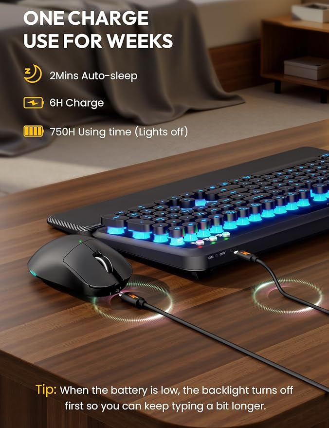 Wireless Keyboard and Mouse, Backlit Typewriter with Magnetic Wrist Rest | Phone Holder, Light Up Round Keycaps, Lighting Mouse, 2.4GHz Cordless Set for Mac, Windows, PC, Laptop, SABLUTE - Image 6