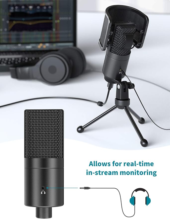 FIFINE K683A USB Desktop PC Microphone for Recording Streaming | Studio Condenser Mic, Gain Knob, Mute Button, Headphone Jack, Extra USB-C Plug, Pop Filter for Computer and Mac - Image 5