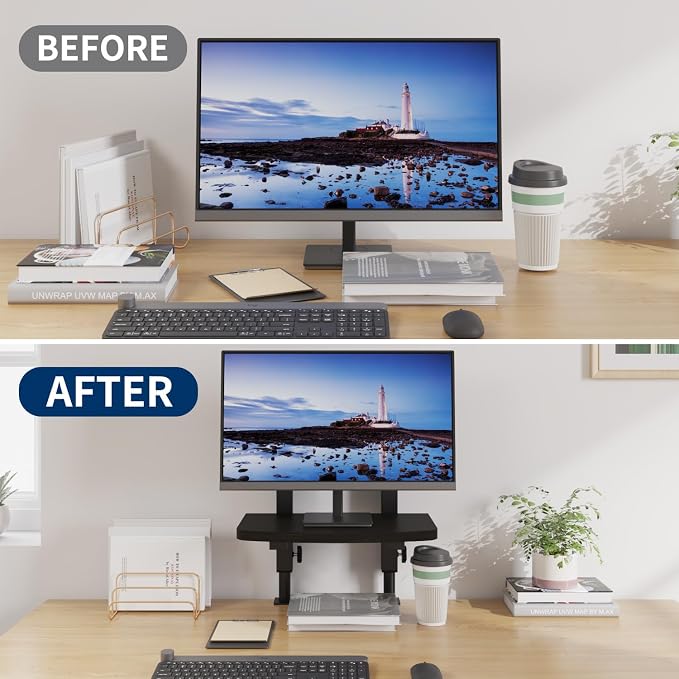 Adjustable Clamp-On Monitor Riser for Desk, Height Adjustable Monitor Stand with Space-Saving Design, Black MDF Shelf for Home Office, Workstation, and Study Setup (Black) - Image 2