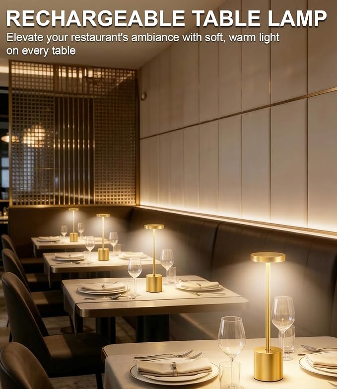 Swinerton Gold Cordless Table Lamp Set, 5000mAh Rechargeable Battery Operated Desk Lamp Wireless Table Light, 3 Color Dimmable Touch Lamp for Restaurant Dining Patio, Home/Apartment Decor - Image 6