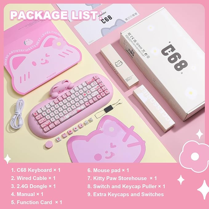 YUNZII C68 Silicone Cute Cat Mechanical Keyboard (Pink, Milk Switch) | Wireless Triple Mode BT5.0/2.4G/Wired, RGB Backlit NKRO, Cute Cat Silicone Ergonomic Design for Win/Mac - Image 9