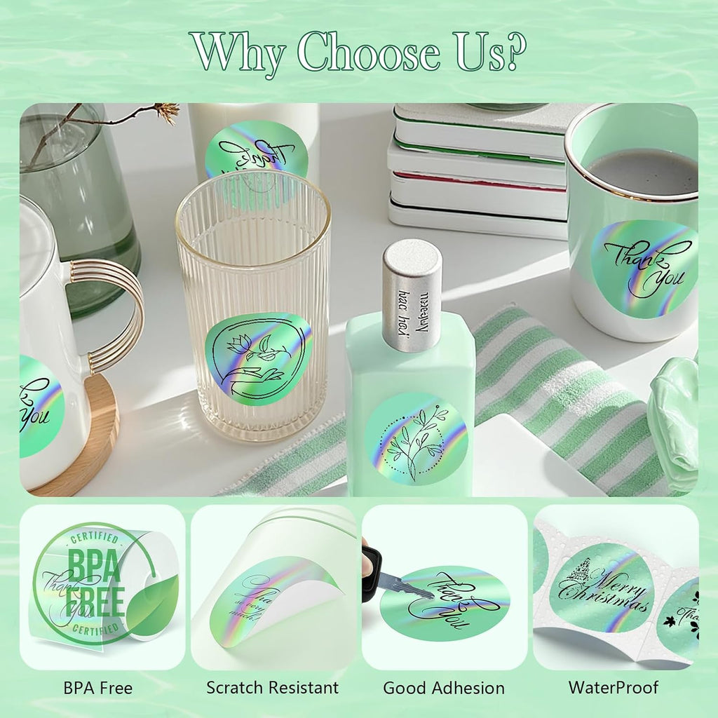 2 Inch Holographic Thermal Sticker Labels,Rainbow Glitter Finish, Water-Proof & Tear-Resistant Label, No Residue Removable Label for Price/Name Tag, Logo Design,Light Green, (200Labels/Roll) - Image 4