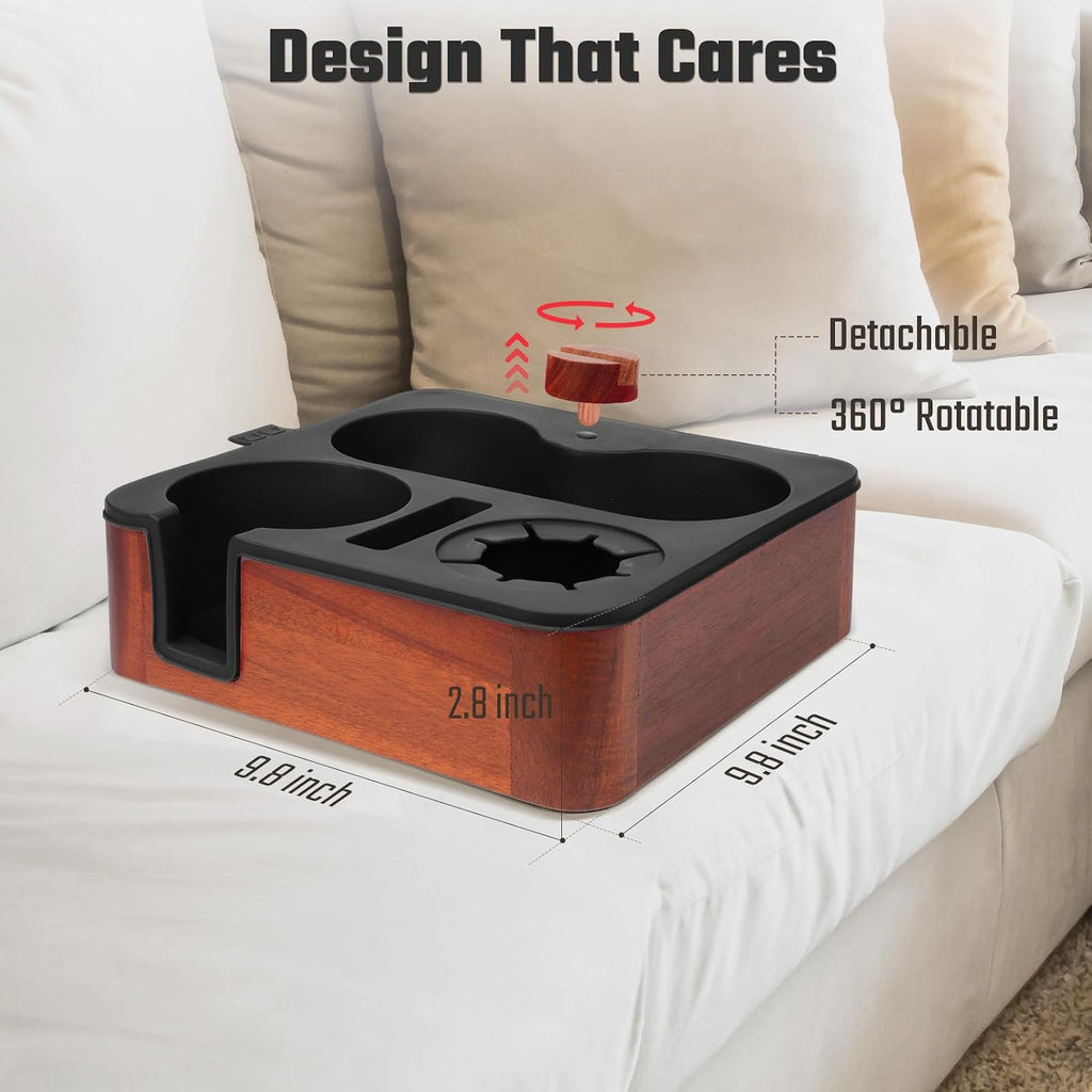 Couch Cup Holder Tray, Real Acacia Wooden Caddy with Soft Silicone, Snack and Drink Organizer- Perfect Movie Night Accessories for Bed, Remote and Cup Holders for Sofa (Black) - Image 7