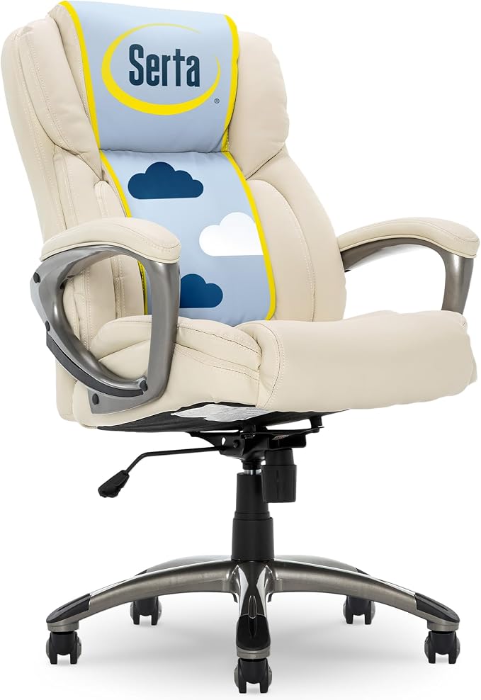 Serta Ergonomic Executive Office Chair with Lumbar Support, Leather Chair | Garret, Back Pain Relief, Foam Seat Cushion, Padded Arms, Adjustable Height and Reclining, Home Desk Chair with Wheels, Beige by Serta