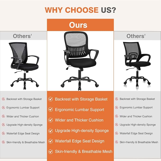 Sweetcrispy Home Office Managerial Executive Chair with Ergonomic Design | Mid-Back Mesh 360° Swivel, Comfortable Lumbar Support, Comfy Arms for Bedroom,Study,Student, Black - Image 6
