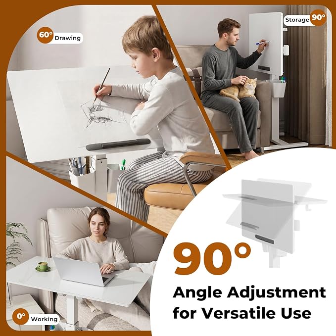 35" Glass Mobile Standing Desk, Foldable Desktop for Storage | Height Adjustable Portable Drafting & Laptop Desk with Wheels, Small Rolling Whiteboard for School Home Office, White - Image 8