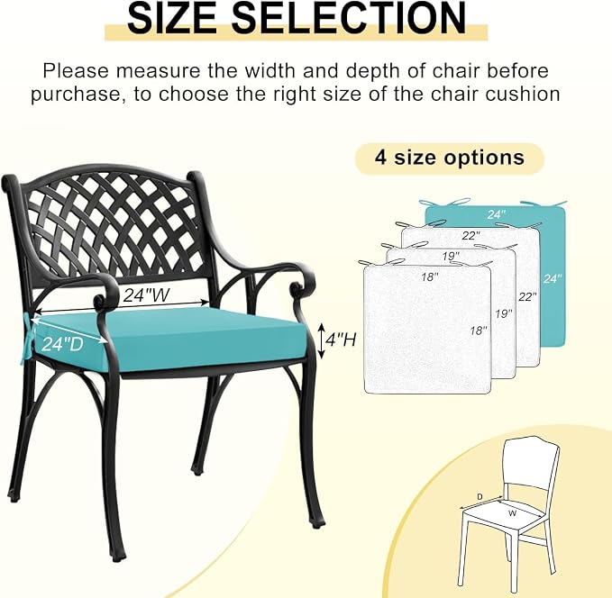 downluxe Waterproof Outdoor Chair Cushions for Patio Furniture, 24" x 24" x 4" Patio Chair Cushion with Adjustable Ties & Portable Handle, Square Outdoor Cushion with Removable Cover, Teal, 2 Pack - Image 6