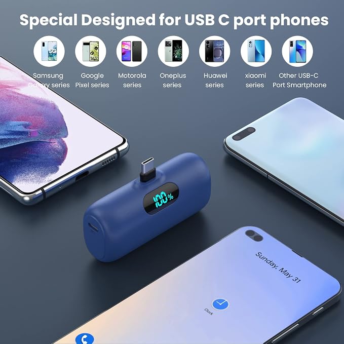 Mini Portable Charger USB C Power Bank,5500mAh PD Fast Charging Battery Pack Built-in USB-C Connector Travel Essential for iPhone17/17Pro/17Pro Max/Air/16 Plus/16Pro Max/15 Series,Android Blue - Image 3