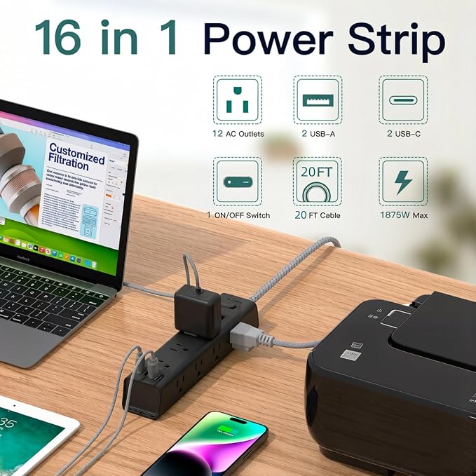 20FT Long Extension Cord, Power Strip with 12 AC Outlets & 4 USB Ports | Flat Plug Wall Mount, 1050J Surge Protector, Outlet Extender for Home Office Garage Workshop Gaming Desk Setup, ETL Listed - Image 2