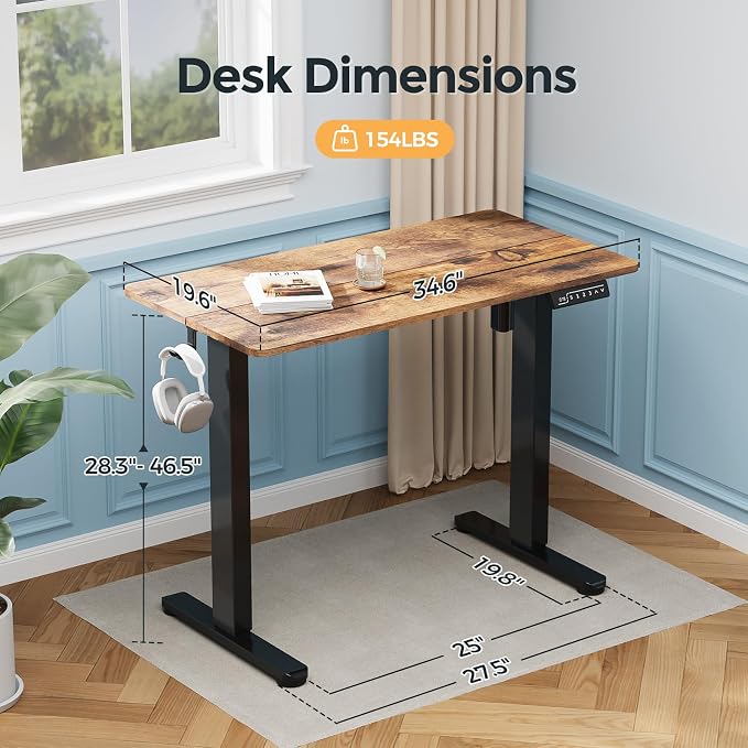 Small Electric Standing Desk, 35" Sit Stand Rising Desk | Height Adjustable Desk with 2 Hooks for Home Office, Compact Computer Workstation with Splice Board, Rustic Brown - Image 2