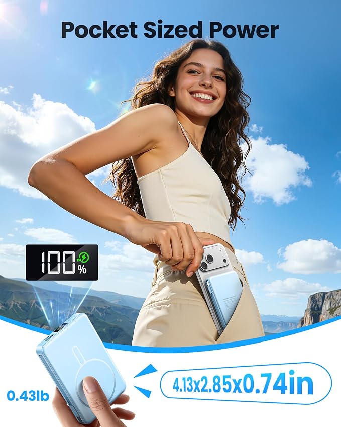 Magnetic Portable Charger, 22.5W Power Bank Fast Charging 10000mAh, Portable Charger with Built in Cable, for Magsafe Battery Pack Compatible with iPhone 17/16/15/14/13/12 Pro/Pro Max Sky Blue | Fast Charging 22.5W ExternalBattery Pack Compatible with ... - Image 4