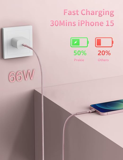 USBC Cable 10FT, Long USB C to USB C Cable 60W Fast Charging, 2Pack-Pink | Nylon Braided USB C iPhone Charger Cord Compatible with iPhone 17/16/15/Pro Max/Plus/Samsung Galaxy S26 S23 and More - Image 2