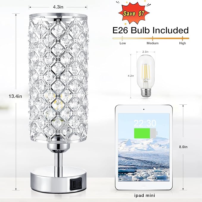 Crystal Table Lamp, 3 Way Dimmable Touch Lamps for Night Stands, Sliver | Crystal Table Lamp with Touch Control, Bedroom Light for Nightstand,Sliver - Image 4