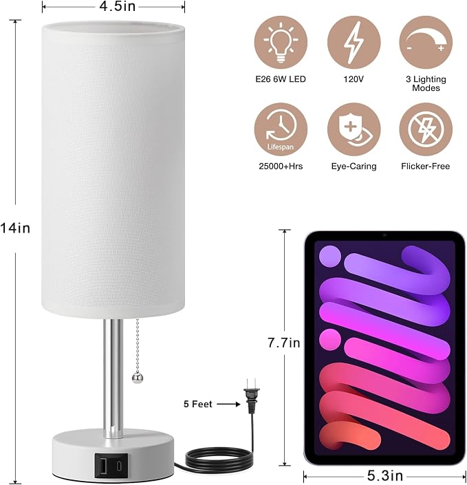 White Bedside Table Lamp for Bedroom - Small Nightstand Lamp for Girls | 3 Color Temp, USB A+C Ports, LED Bulb Included, Soft White Fabric Shade, Matte White Metal Base, 14" Desk Lamp for Kids Dorm - Image 5