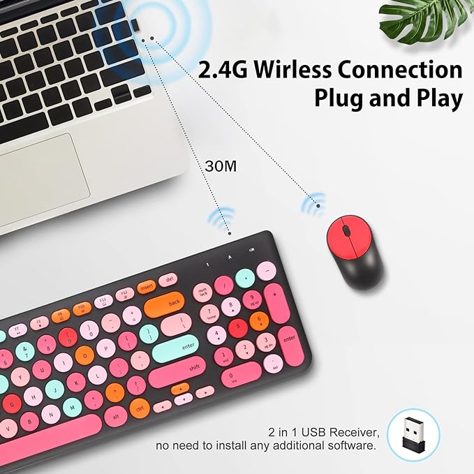 Wireless Keyboard and Mouse Combo, Retro Typewriter Keyboard with Round Keycaps, 2.4GHz USB Cute Wireless Keyboard Mouse for Computer, Desktop, Laptop and Computer (Black-Colorful) - Image 2