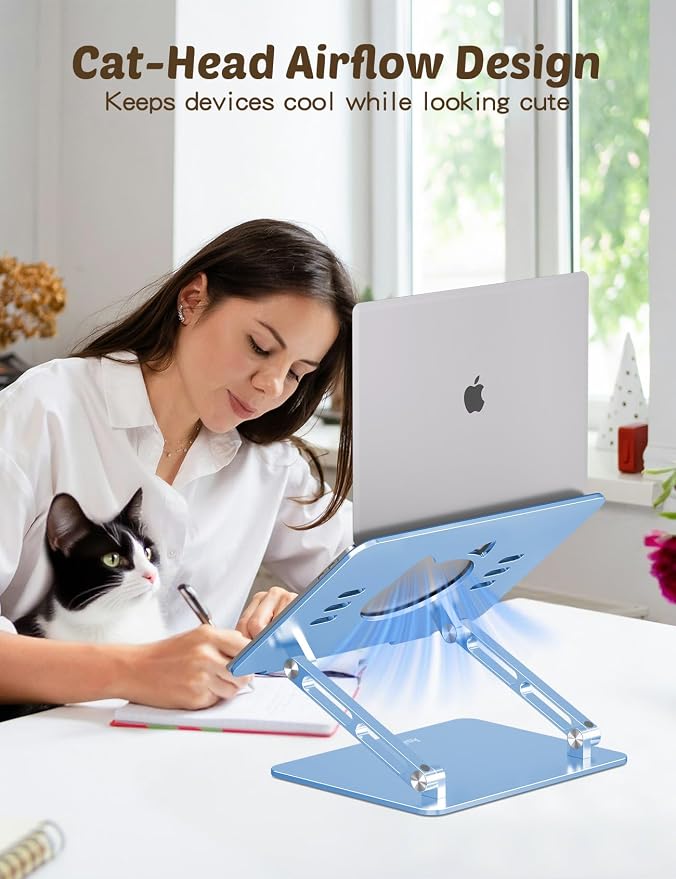 Aoviho Laptop Stand for Desk – Adjustable Aluminum Laptop Riser with Unique Cat-Shaped Cooling Vent, Portable Desk Gift & Decor, Compatible with MacBook Air Pro, Dell, HP, Lenovo (10"-17.3"), Sky Blue - Image 3