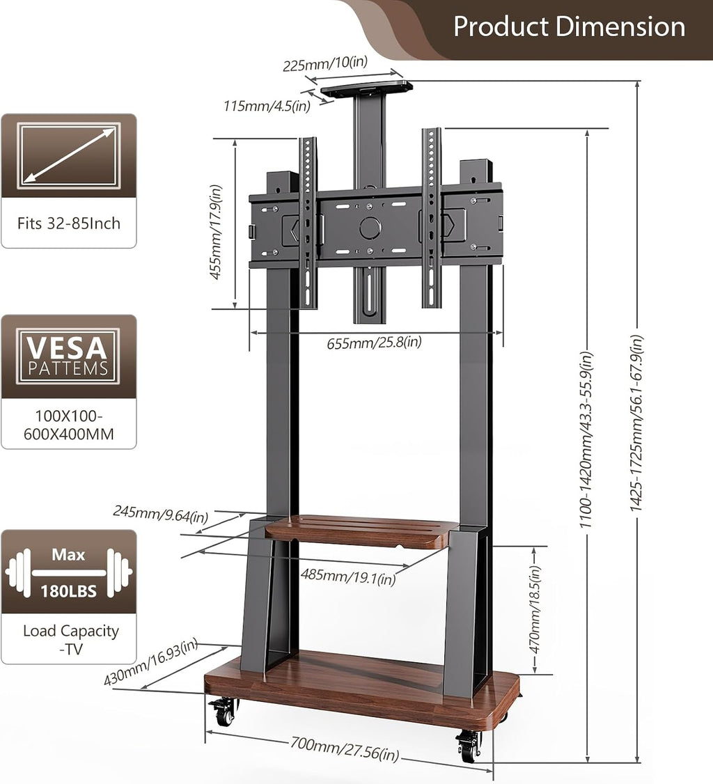Height Adjustable Mobile TV Stand for 32-75" TVs,180 lbs Black - Image 2