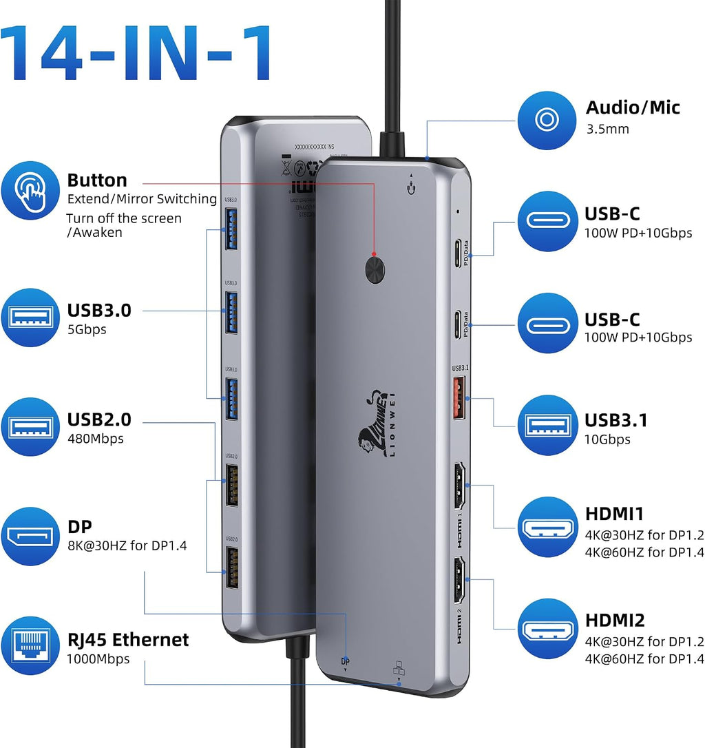13-in-1 Laptop Docking Station Dual Monitor 4K, 2 HDMI USB C Hub LIONWEI - Image 2