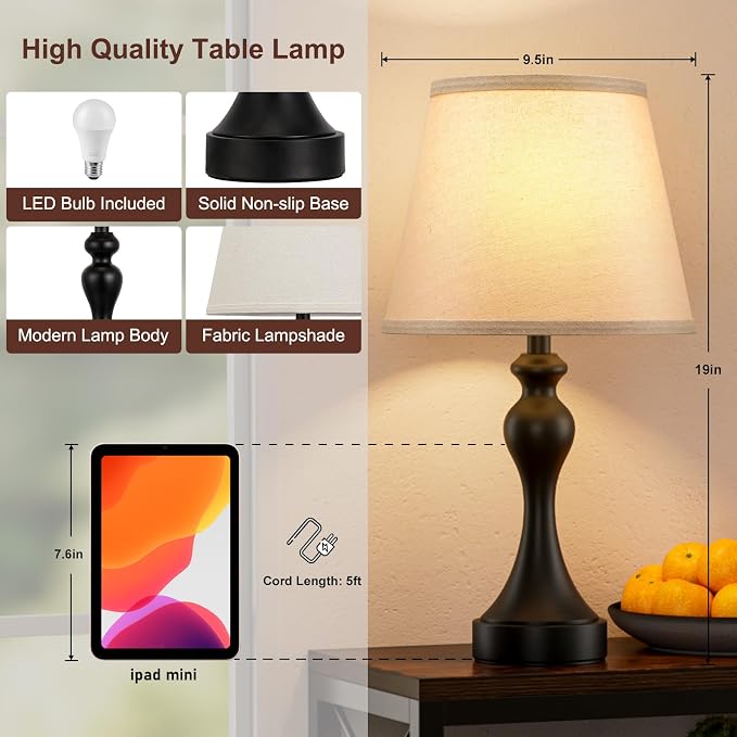 Touch Lamps for Nightstand, 3 Way Dimmable Bedside Lamps with USB C+A Ports | Touch Control, LED Bulb Included, Small Black Table Lamp for Bedroom, Night Stands, End Table, Gift，Corded - Image 7