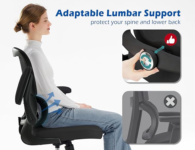 TRALT Ergonomic Office Chair Desk Chair with Adjustable Lumbar Support | Desk Chair Comfy with Flip-up Armrests Ergonomic Chair - Mesh Computer Chairs for Adults, 330lbs, PU Leather (Black, 4) - Image 5