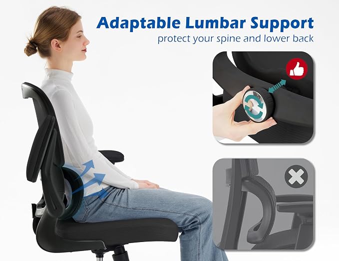 TRALT Ergonomic Office Chair Desk Chair with Adjustable Lumbar Support | Desk Chair Comfy with Flip-up Armrests Ergonomic Chair - Mesh Computer Chairs for Adults, 330lbs, PU Leather (Black, 1) - Image 4