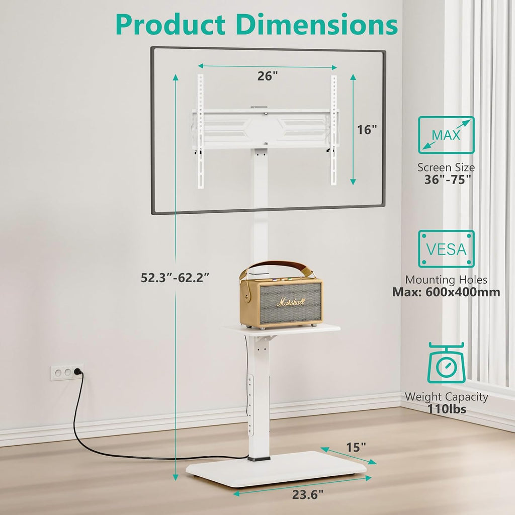 WALI Floor TV Stand with Power Outlet & AV Shelf, Tall TV Stand Mount for 36-75 inch TV up to 110 lbs, Swivel and Height Adjustable TV Stands with Wood Base for Bedroom, Office(TVDVD-6PW), White - Image 5