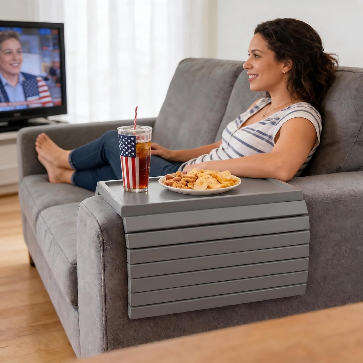 Grey Bamboo Wood Couch Armrest Table, Couch Arm Tray, Foldable Anti-Slip Bamboo Couch Tray, Sofa Cup Holder for Drink Snacks Remote Control - Image 2