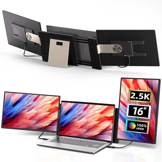 ROYY 2.5K Laptop Screen Extender, 16" Triple Detachable Portable Monitor | 2560x1600P QHD, 100% sRGB, 350 CD/㎡, One cable plug & play, Multi screens compatible with Windows/Mac/Android/Switch/PS by ROYY