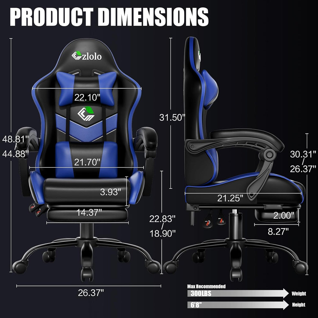 Gaming Chair with Footrest Racing Style Lumbar Support Massager Video Game Chair with Metal Legs, High Back Gamer Chair with Headrest, 360° Swivel Office Computer Desk Chair, Navy Blue - Image 3