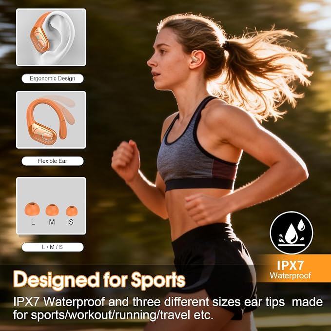 Aptkdoe Wireless Earbuds 75H Bluetooth 5.4 Sport Headphones with Earhooks | IPX7 Waterproof In-ear Buds Feature ENC Noise Cancelling Mic. Stereo Sound Device for Gym Running Workout, Cosmic Orange - Image 3