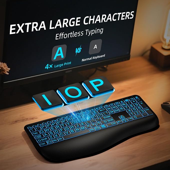 Hamile Large Print Wireless Backlit Keyboard for Windows, Black | Rechargeable keyboard with quiet low-profile keys, 7-color backlight memory, full-size layout, and extra-large wrist rest - Image 2