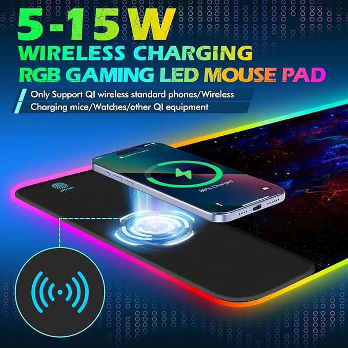 ToLuLu RGB Wireless Charging Gaming Mouse Pad, 7.5/10/15W 10 Light Modes LED Mouse Pad Computer Keyboard Mat Mousepad, 800x300x4MM Extended Large Desk Pad Desk Mat for Gamer, Red Blue Galaxy - Image 2