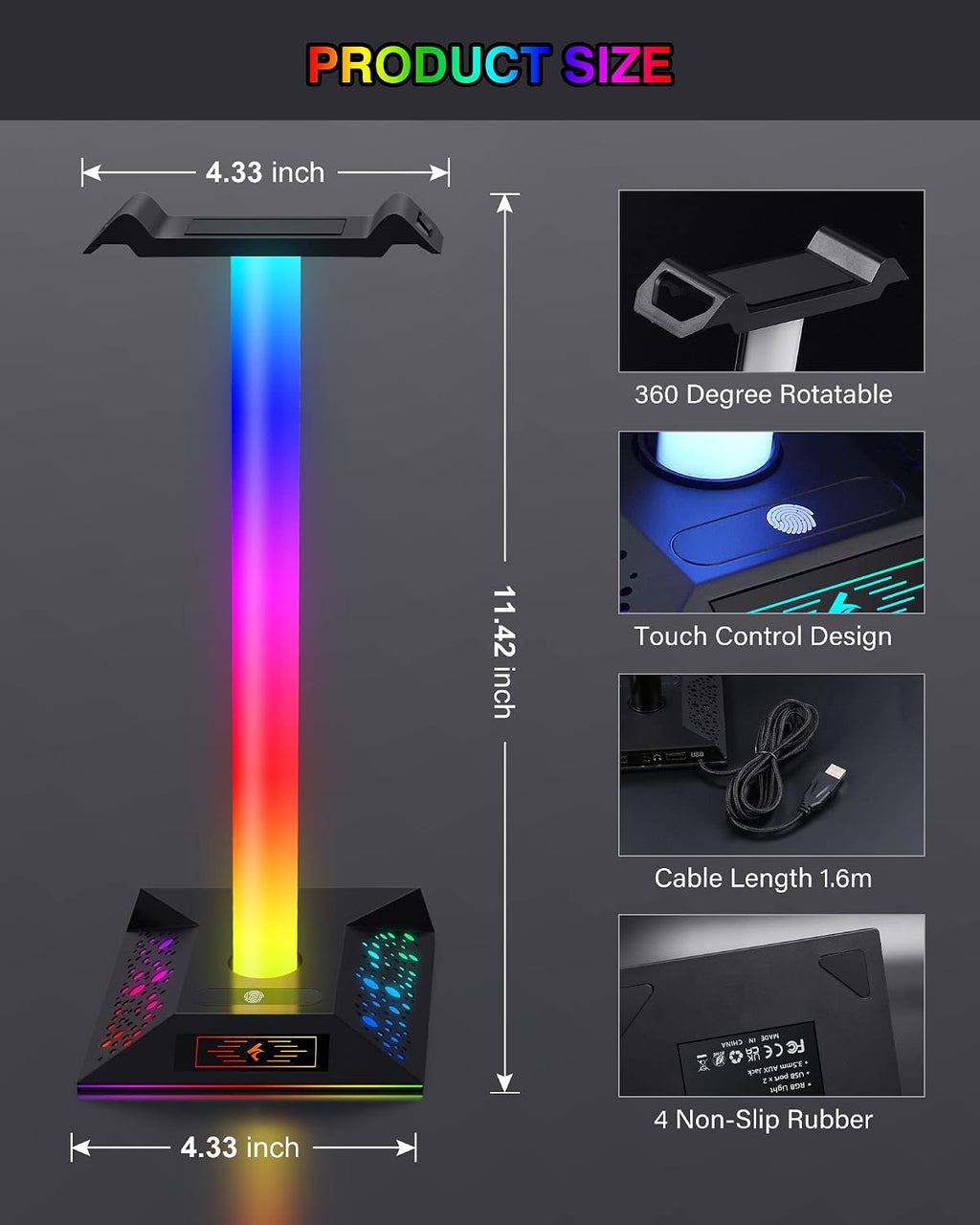 Hcman Headphone Stand Gaming Headset Holder RGB PC Gaming Accessories for Desk, Cool LED Headset Stand with 2 USB Charger for Gamer, Black - Image 5